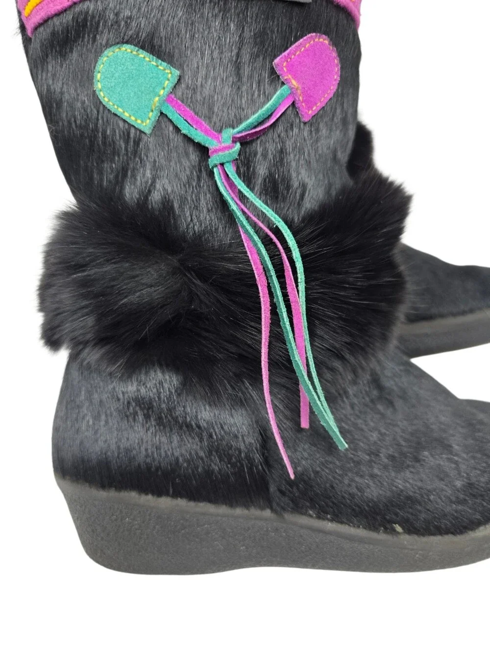 Vintage Tecnica Italy Black Genuine Fur Après Ski Boots US 8.5 Tassels & Cording